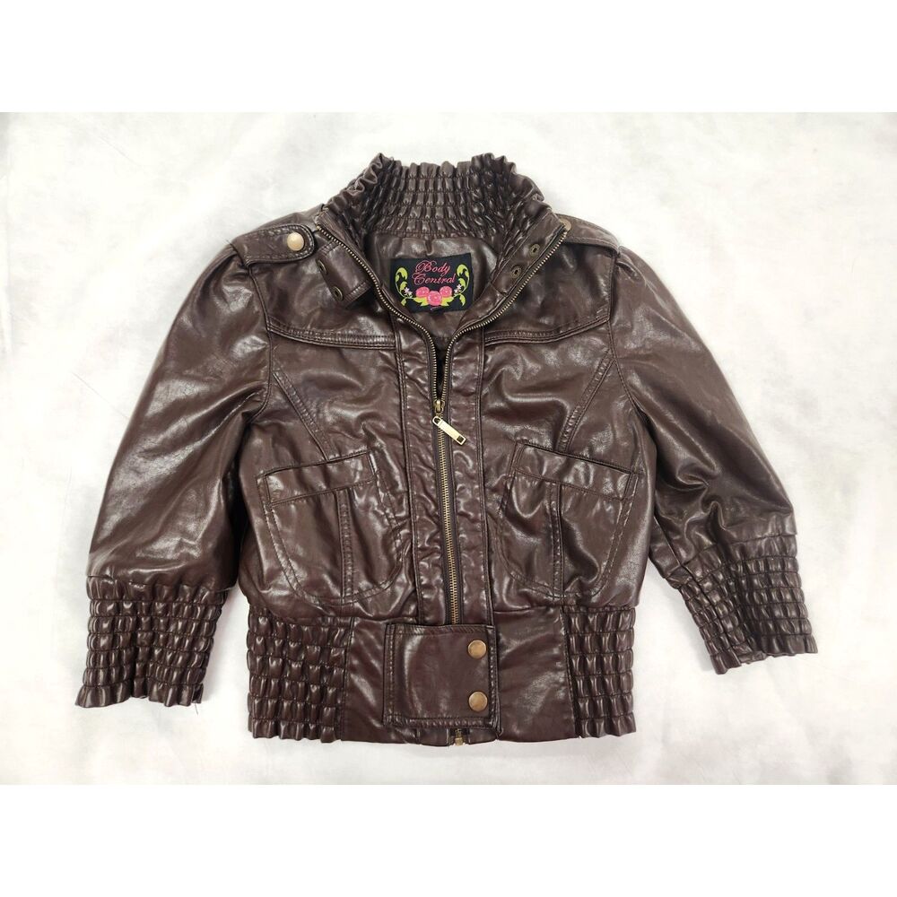 Body Central Faux Leather Small Cropped Moto Jacket Brown Smocked Y2K